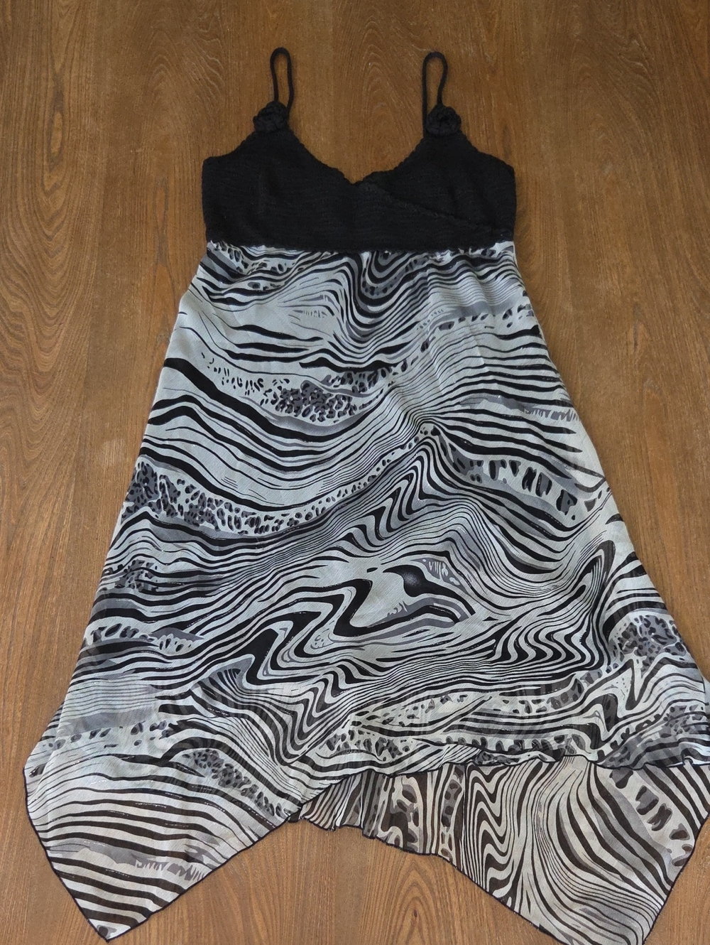 Asymmetrical Black & Gray Printed Handkerchief Hem Dress